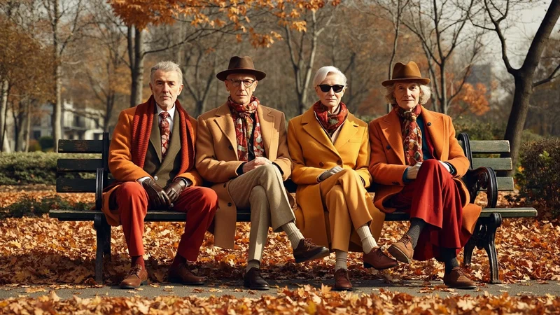Seniorinnen und Senioren unterhalten sich im Herbstlicht auf einer Parkbank, als Illustration.